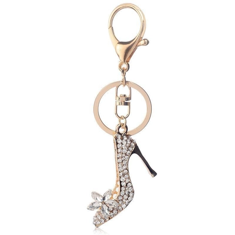 Sparkling Rhinestone Crystal High Heel Shoe Keychain Elegant Alloy Floral Bag Charm For Women Gift Fashion Gold Keyring