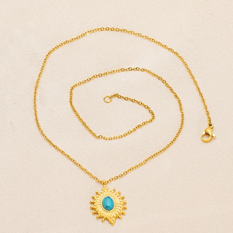 Collana Con Pendente A Raggiera In Turchese Ovale Acciaio Inossidabile Placcato Oro Stile Boho Retro Per Donna