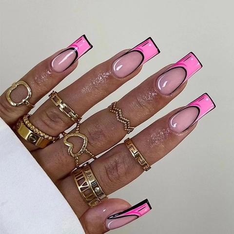 Press On Nails 2D Cartoon Pop Art Pink Gradient French Square Shape Detachable Artificial Finger Nails For Women