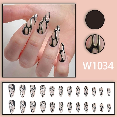 Lange Stiletto Press On Nagels Zwart Goud Bellen Raster Patroon Glanzende Kunstnagels Stijlvolle Mode Voor Vrouwen
