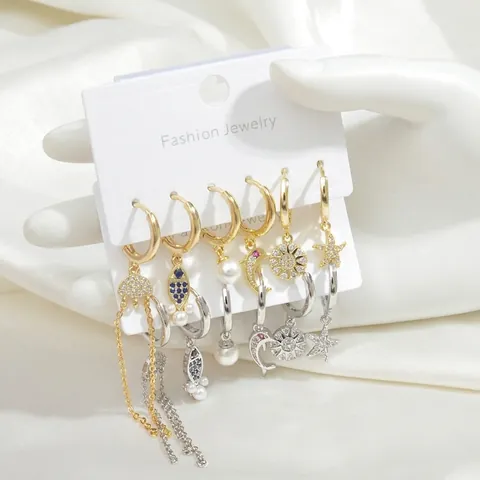 Trendy Marine Celestial Earrings Copper Zircon Faux Artificial Pearl Starfish Dolphin Sun Moon Tassel Hoops Studs