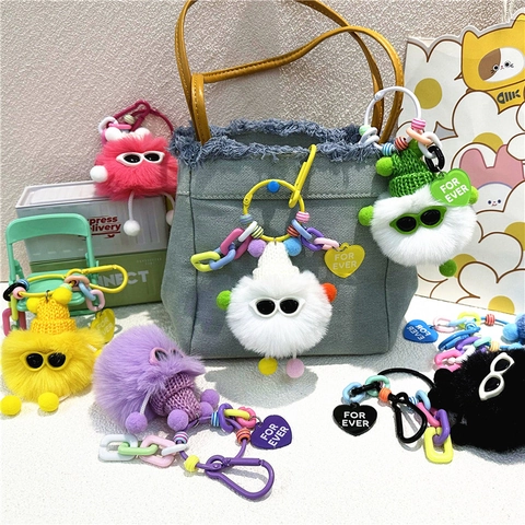 Llavero De Monstruo De Peluche De Dibujos Animados Con Gafas De Sol Y Gorro De Punto Cadena De Plástico De Colores Colgante De Bolso