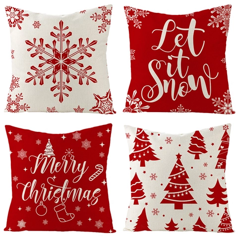 Housses De Coussin De Noël Coton Lin Taie D'oreiller Décorative Pour Canapé Couch Flocons De Neige Rouge Joyeux Noël