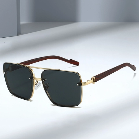Fashion Oversized Square Sunglasses For Women Men Metal Double Bridge Wood Grain Temples UV400 Gradient Lens Retro