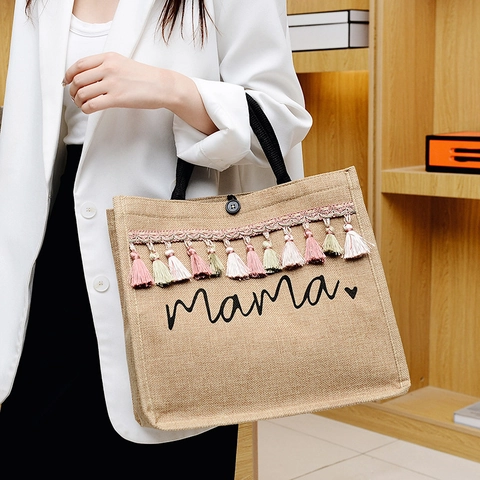 Jute Hemp Tote Bag With Colorful Tassels Mama Letter Print Large Capacity Handbag Bohemian Style Women Casual Shopping