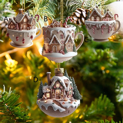 Christmas Snow House Coffee Cup Hanging Ornament Acrylic Gingerbread House Pendant For Car Interior Backpack Tree Decor