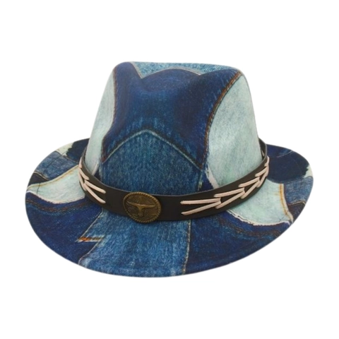 Kinder Fedora Hoed Denim Print Patchwork Katoen Polyester Western Cowboy Vintage Bull Head Metalen Badge Retro Jazz Zonnehoed