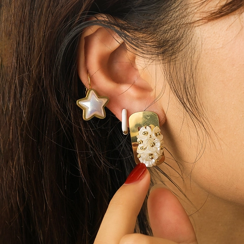 Stainless Steel Earrings For Women Mother Of Artificial Pearl Five Pointed Star Flower Cluster Enamel Round Hoops Fashion Jewelry
