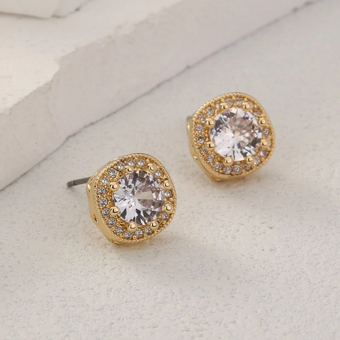 Sparkling Zircon Stud Earrings Round Cut Halo Copper Jewelry For Women Simple Elegant Fashion