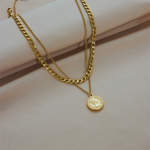 Vintage Edelstahl Doppel Schicht Kette Halskette Für Damen Gold Überzogen Königin Porträt Münze Anhänger Mode Schmuck Halsschmuck