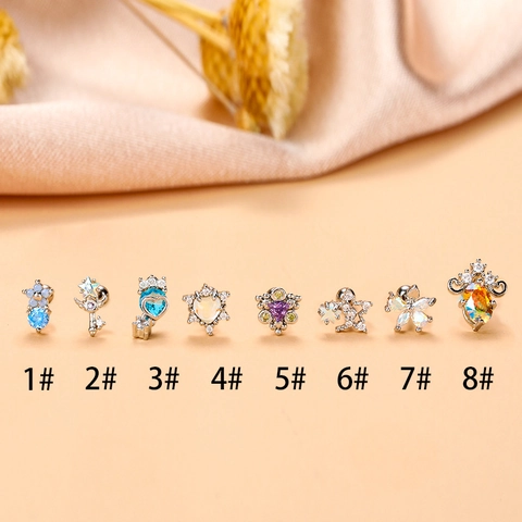 Edelstahl Zirkonia Ohrknorpelstecker Für Damen Stern Mond Herz Blume Schlüssel Schraubverschluss Piercing Schmuck