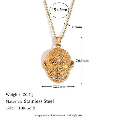 Collana Con Ciondolo Testa Di Scimmia Acciaio Inossidabile Placcato Oro 18K Con Strass Gioielli Hip Hop Punk