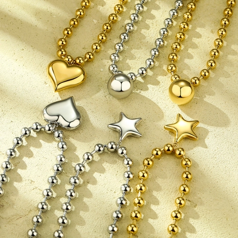 Collar De Acero Inoxidable Grueso Con Cadena De Bolas Bañado En Oro De 18K Colgante De Estrella Corazón Esfera Mujer