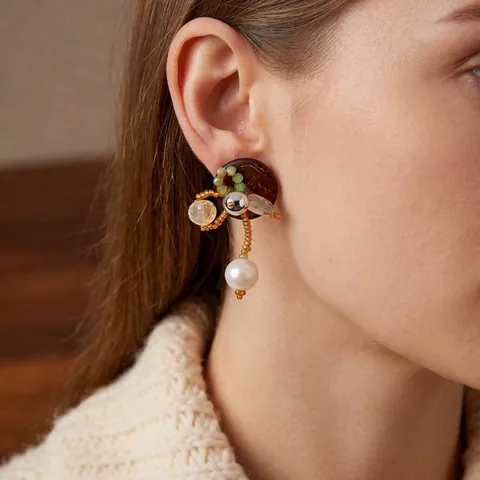 Bohemian Ethno Ohrhänger Mit Silver Earring Post Holz Kokosnussschale Glasperle Künstliche Perle Vintage Schmuck Damen