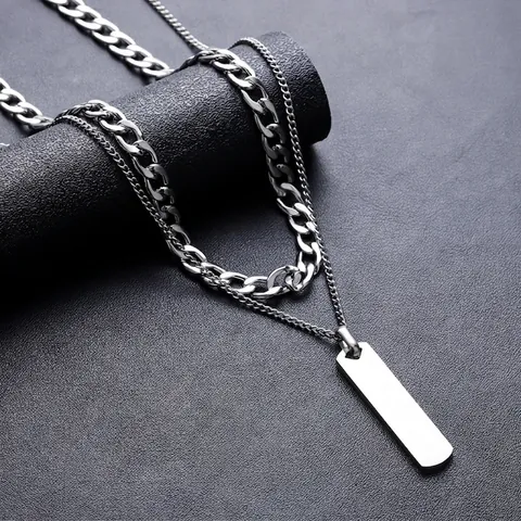 Double Layered Necklace Stainless Steel Cuban Chain Rectangle Bar Pendant Punk Street Hip Hop Jewelry For Men