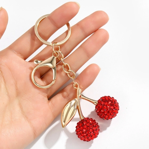 Rhinestone Cherry Keychain Sparkling Fruit Pendant Gold Leaf Bag Charm Accessory For Women Car Key Accessory