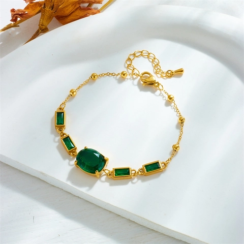 Vintage Light Luxury Stainless Steel Bracelet For Women Emerald Green Rhinestone Geometric Oval Square Link Adjusted Chain Jewelry