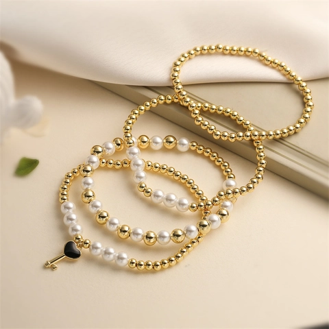 Beaded Bracelet With Copper Beads And Imitation Artificial Pearls Heart Key Pendant Elegant Elastic Fashion Jewelry For Women