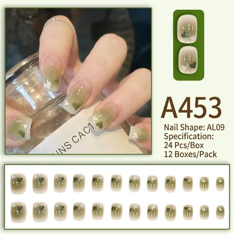 Green Gradient Press On Nails Medium Long Square Round False Nails Heart Pattern Sweet Fresh Style For Women