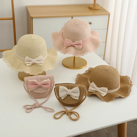 Girls Summer Paper Straw Hat And Crossbody Bag Sun Protection Breathable Wavy Brim Polka Dot Bow Sweet Princess Kids Outdoor