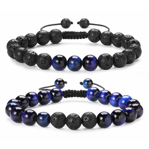 Natural Tiger Eye Stone Lava Rock Beads Magnetic Heart Couple Bracelet Adjustable Woven Rope Healing Energy Jewelry Unisex