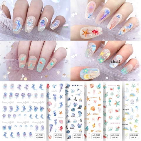 Adesivi Nail Art Sirena Medusa Pesce Betta PVC 3D Adesivo Motivo Animale Marino Manicure Decorazione Stile Aurora Donne