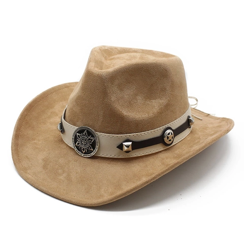 Vintage Suede Cowboy Hat Western Style With Rivet Belt Buckle Wide Brim Outdoor Sun Protection Fedora For Men Women