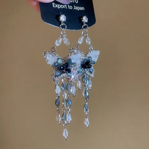 Vlinder Kwastje Oorbellen Met 925 Sterling Zilveren Oorsteker Blauw Kristal Koper Glas Lange Hangende Elegante Sieraden Voor Dames
