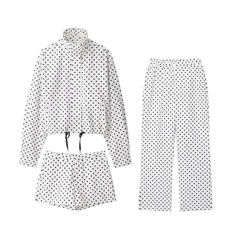 Polka Dot Long Sleeve Jacket With Wide Leg Flare Pants And Casual Shorts Polyester Drawstring Stand Collar Women Clothing