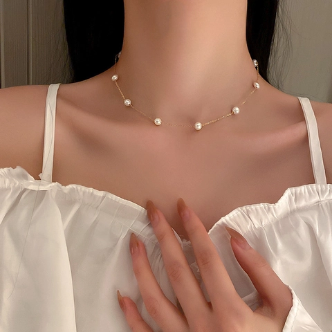 Collana Di Künstliche Perle Elegante Catena In Lega Placcata Oro Girocollo Gioielli Di Moda Stile Semplice Donne