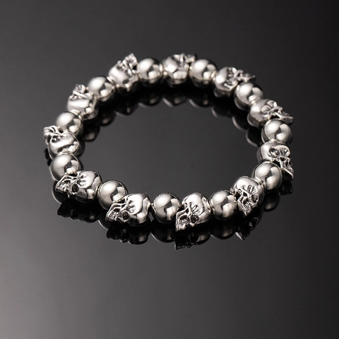 Retro Punk Skull Beaded Bracelet Alloy Goth Dark Style For Men Women Hand Jewelry