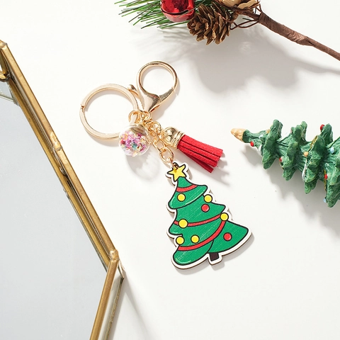 Portachiavi Albero Di Natale Legno Lega Nappa Rossa Sfera Paillettes Pendente Borsa Regalo Festivo