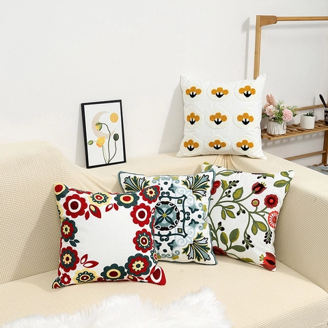 Floral Embroidery Pillow Covers Canvas Chenille Towel Embroidered Decorative Cushion Cases Pastoral Style Sofa Home Decor