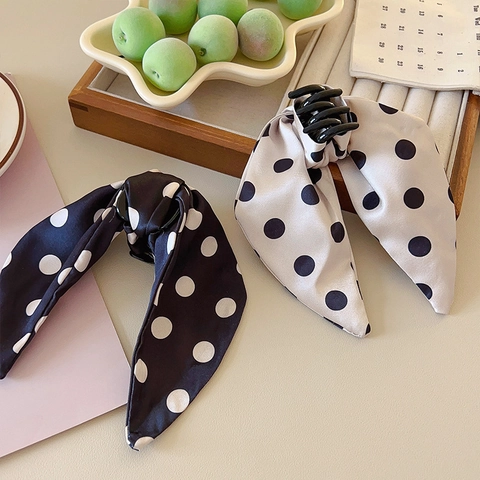 Polka Dot Bow Hair Claw Satin Fabric Large Shark Clip Ponytail Holder French Retro Elegant Style Women Hair Accessory