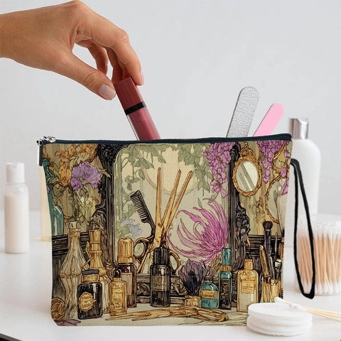 Borsa Cosmetica Floreale Vintage Lino Cerniera Organizer Da Viaggio Pochette Portatile Con Cinturino Polso Per Donna