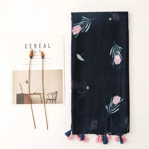 Bufanda De Mujer Con Estampado Floral Chal Azul Marino Con Borlas Fino Transpirable Sensación Algodón Lino Elegante