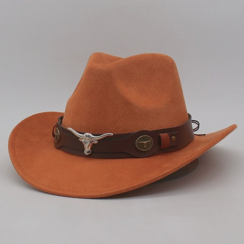 Western Cowboy Hat Polyester Felt With Bull Head Metal Decor Leather Band Retro Ethnic Style Wide Brim Out-door Fashion Accessories
