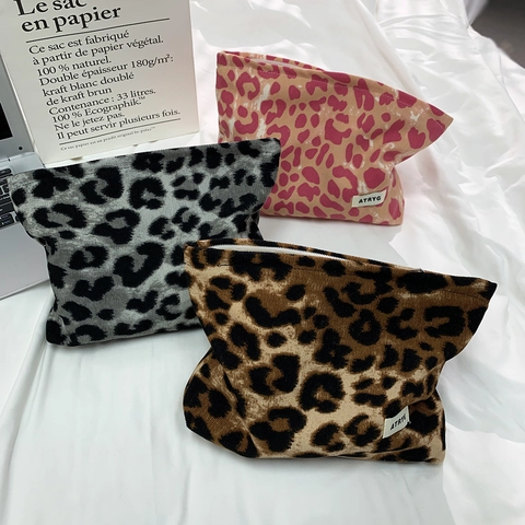 Neceser De Maquillaje Estampado Leopardo Pana Retro Bolsa Cosmética Organizador Viaje Portátil Para Cuidado De La Piel