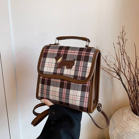 Mini Backpack PU Leather Plaid Fabric Embroidered Dachshund Dog British College Style Versatile Shoulder Handbag Women