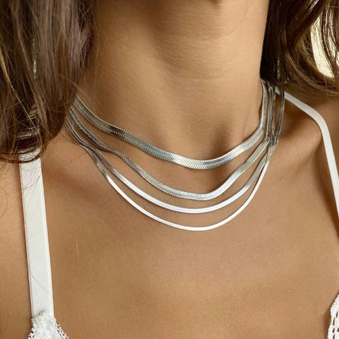 Minimalist Stainless Steel Herringbone Flat Snake Bone Chain Necklace For Women Men Gold Silver Plated Blade Chain Jewelry