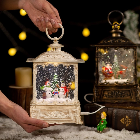 Farol Musical Bola De Nieve Navideña Vintage Luz LED Nieve Automática Papá Noel Muñeco De Nieve Adorno Decorativo Hogar