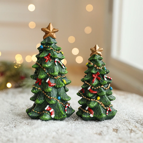 Miniatur Weihnachtsbaum Harz Schreibtisch Dekoration Mit Schneebedeckt Rote Schleife Goldener Stern Zuckerstange Festlich