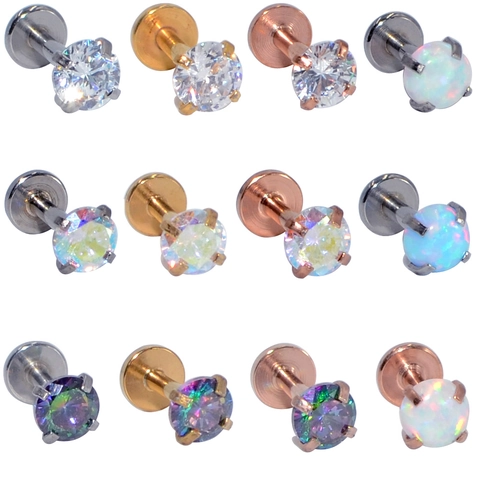 Stainless Steel Internally Threaded Labret Stud Lip Ring Prong Set Zircon Synthetic Opal Flat Back Earring Piercing Jewelry