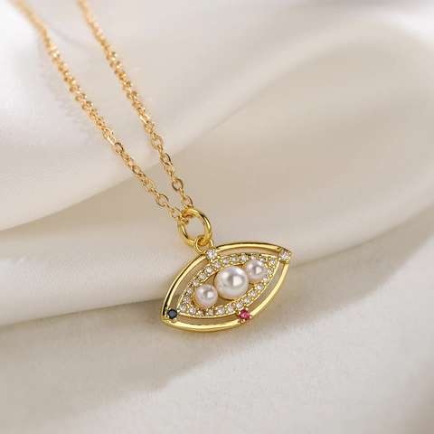 Evil Eye Anhänger Halskette Echt Gold Vergoldet Kupfer Mit Zirkonia Und Imitationsperle Modeschmuck Für Damen