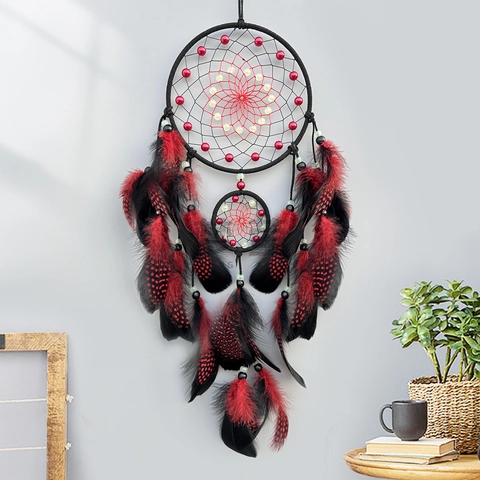 Acchiappasogni Piuma Perline Luminose Decorazione Da Parete Fatta A Mano Doppio Anello Stile Boho Regalo