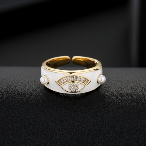 Evil Eye Offener Ring Für Damen Bunte Emaille Kupfer 18K Vergoldet Zirkon Künstliche Perle Verstellbarer Böhmischer Schmuck