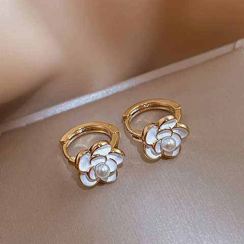 Camelia Bloem Hoop Oorbellen Emaille Koper Met 925 Sterling Zilveren Oorsteker Kunstparel Franse Zoete Stijl Vrouwen