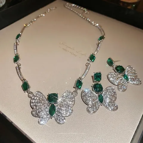 Gioielli Con Collana E Orecchini A Farfalla Di Lusso Per Donna Con Pietra Smeraldo Rame E Perno Per Orecchini In Argento