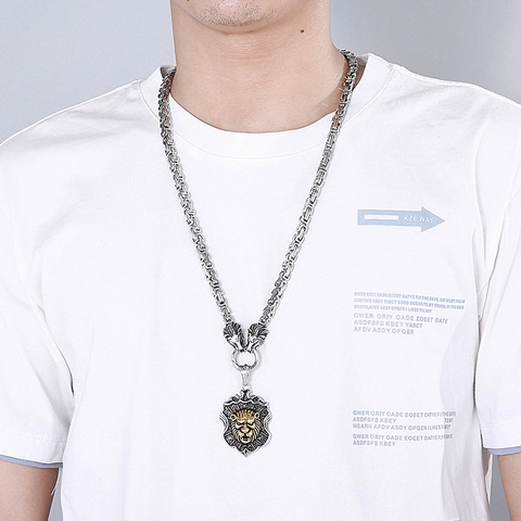 Collana Pendente Testa Di Leone Scudo Acciaio Inossidabile 316L Catena Bizantina Gotico Punk Hip Hop Gioielli Per Uomo