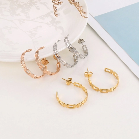 C-Shaped Hoop Earrings Stainless Steel Hollow Chain Link Design Chic Minimalist Geometric Stud Earrings For Women